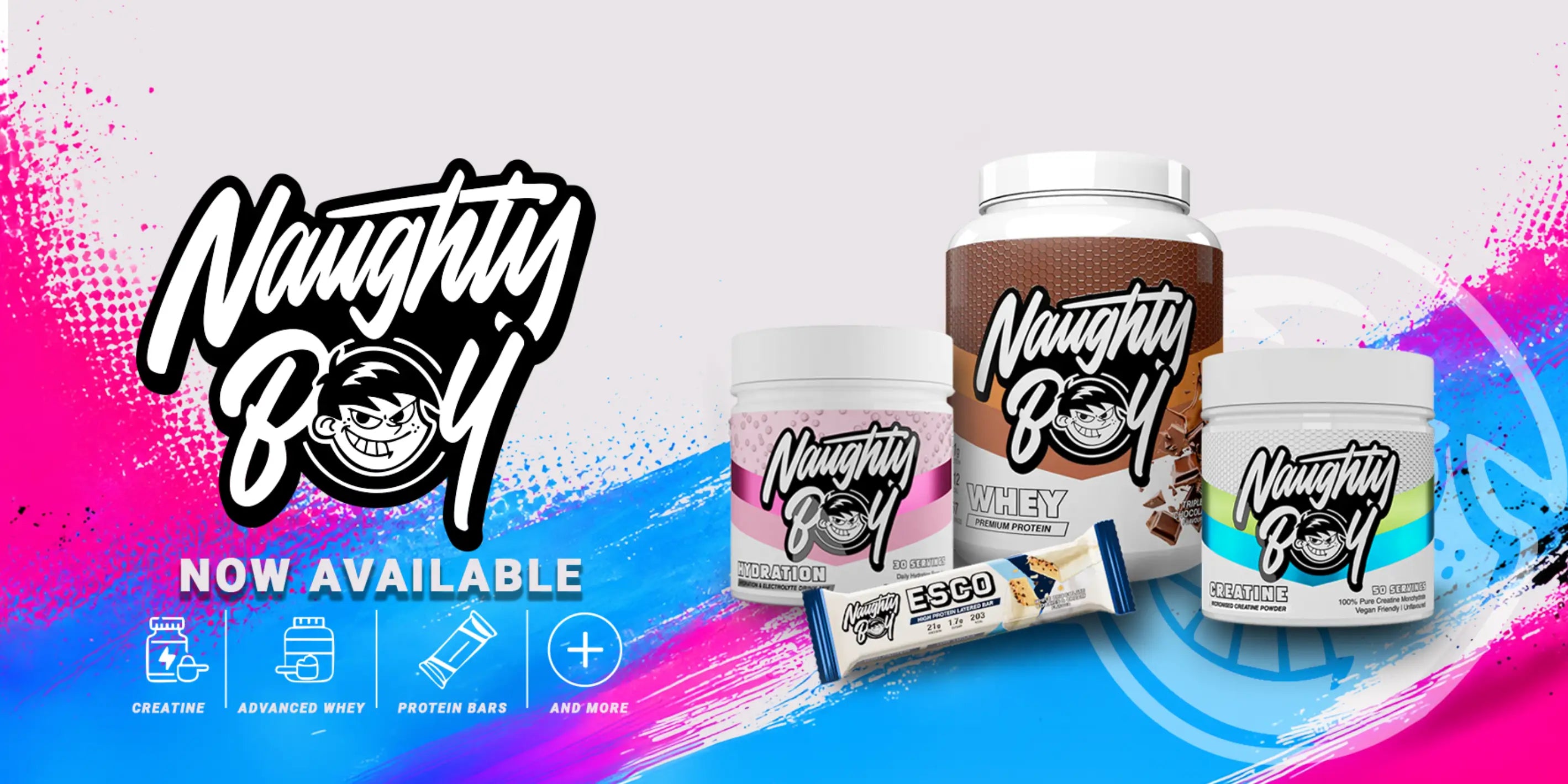 Naughty Boy supplements range now available, including whey protein, creatine, hydration powder and protein bars